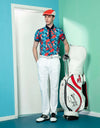 Men's short sleeve polo, in blue, with all-over floral print.