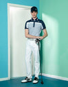 Men's short sleeve polo, in gray, navy and white color blocking.