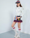 Women's A-line skirt, in white and navy color blocking, with phoenix print, red and blue stripe trims.