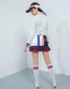 Women's A-line skirt, in white and navy color blocking, with phoenix print, red and blue stripe trims.