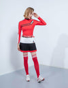 Women's A-line skirt with pleated hem, in white, black and red color blocking.