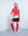 Women's A-line skirt with pleated hem, in white, black and red color blocking.