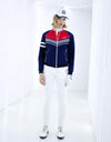 Women's stretchy zip-up jacket, in navy, red and white color blocking.
