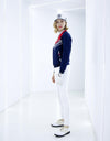 Women's stretchy zip-up jacket, in navy, red and white color blocking.