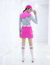 Women's long sleeve layer top with mock neck, in gray, rose red and black color blocking.