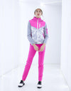 Women's zip-up jacket with padding, in gray, white and rose red color blocking.