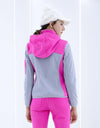 Women's zip-up jacket with padding, in gray, white and rose red color blocking.