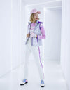 Women's hooded down vest, in silver or purple.