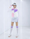 Women's padded A-line skirt with purple stripe trims, in silver and white color blocking.