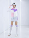 Women's plush vest with stand collar, in white, pink and purple color blocking.