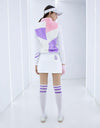 Women's padded A-line skirt with purple stripe trims, in silver and white color blocking.