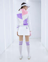 Women's plush vest with stand collar, in white, pink and purple color blocking.