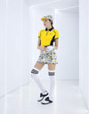 Women's short sleeve polo, in black and yellow color blocking.