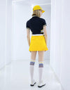 Women's short sleeve polo with yellow stripe trims, in black.