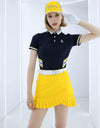 Women's short sleeve polo with yellow stripe trims, in black.