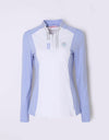 Women's long sleeve layering top with zipped stand collar, in blue and white color blocking.