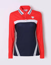 Women's long sleeve polo, in red and navy color blocking.