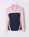 Women's long sleeve polo, in pink and navy color blocking.