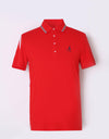 Men's short sleeve polo, with navy and white color blocking on sleeves.