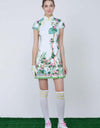 Women's mid-length cheongsam, in white floral, and humingbird print.