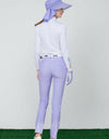 Women's slim pants with waterproof pockets, in purple.