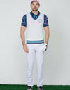 Men's knit vest with logo embroidery, in white, blue and navy stripe trims.