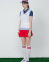 Women's knit vest with logo embroidery, in white, blue and navy stripe trims.