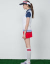 Women's knit vest with logo embroidery, in white, blue and navy stripe trims.