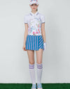 Women's A-Line skort, in blue and purple stripe print.
