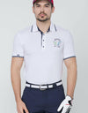 Men's short sleeve polo, in white, floral embroidery on chest.