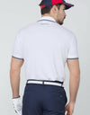 Men's short sleeve polo, in white, floral embroidery on chest.