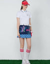 Women's A-Line skirt, in navy and floral print, stripped hem. 