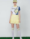Women's short sleeve polo, in white and navy custom print.