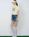 Women's Navy A-Line skirt, yellow pleated lining, floral print.