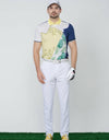 Men's white short sleeve polo, in yellow and navy custom floral print.