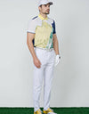 Men's white short sleeve polo, in yellow and navy custom floral print.