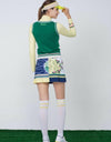 Women's A-Line skirt, with pleated hem. white, yellow and navy color blocking, in floral print.
