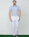 Men's short sleeve polo, blue plaid, red stripes and white color blocking on both sides.