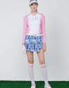 Women's long sleeve layering top with zipped stand collar, in pink and white color blocking.