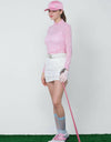 Women's long sleeve layering top with mock neck, pink stripes, asymmetric hem.