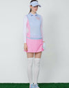 Women's sleeveless shirt, in blue gingham, pink color blocking on both sides.
