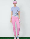 Women's blue short sleeve polo, with bicycle decorational patch.