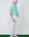 Men's short sleeve layering top with stand zipped collar, in green.