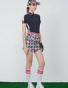 Women's asymmetric A-Line skirt, in hountstooth and floral print.