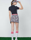 Women's asymmetric A-Line skirt, in hountstooth and floral print.
