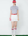 Women's short sleeve polo, with red and white color blocking on sleeves.