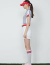 Women's short sleeve polo, with red and white color blocking on sleeves.