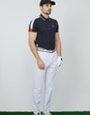 Men's short sleeve polo, with red and white color blocking on sleeves.