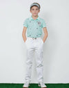 Boy's green short sleeve polo, in all-over logo print