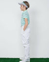 Boy's green short sleeve polo, in all-over logo print